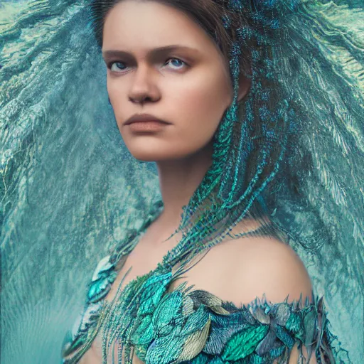 Image similar to a regal brown woman wearing an intricate and detailed armor made of blue and green ocean waves. waves crashing. ocean photography. layers. textures. delicate. translucent. studio portrait. photorealistic. octane render