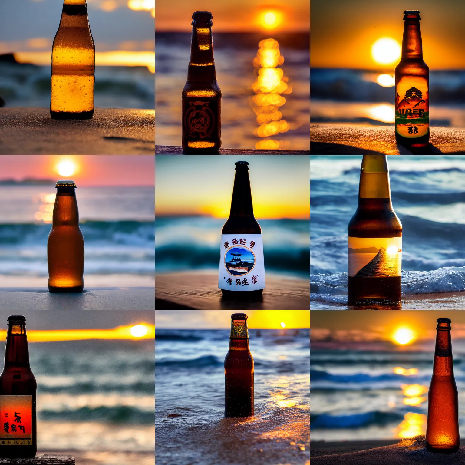 Prompt: This photo is of a bottle of beer with waves in the background. The beer is in a traditional Japanese style bottle, with a paper label and a wooden cap. The waves are crashing against the shore, and the sun is setting in the distance. Sigma 500mm, golden hour.