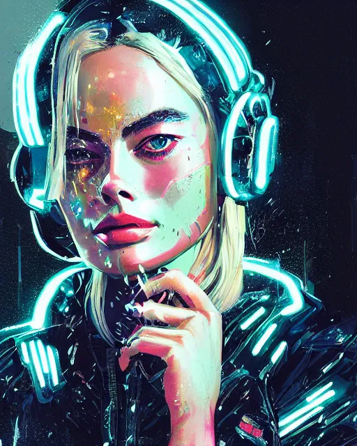 Image similar to detailed margot robbie portrait neon operator girl cyberpunk futuristic neon reflective puffy coat, decorated with traditional japanese ornaments by ismail inceoglu dragan bibin hans thoma greg rutkowski alexandros pyromallis nekro rene margitte illustrated perfect face, fine details, realistic shaded, fine - face, pretty face