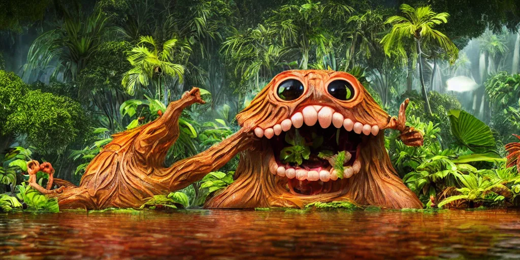 Image similar to of a tropical rainforest lake with strange cute friendly happy creatures with huge eyes, mouth, long tongue, round teeth and goofy face, appearing from the water, in the style of gehry and gaudi, macro lens, shallow depth of field, ultra detailed, digital painting, trending artstation, concept art, illustration, cinematic lighting, photorealism, epic, octane render