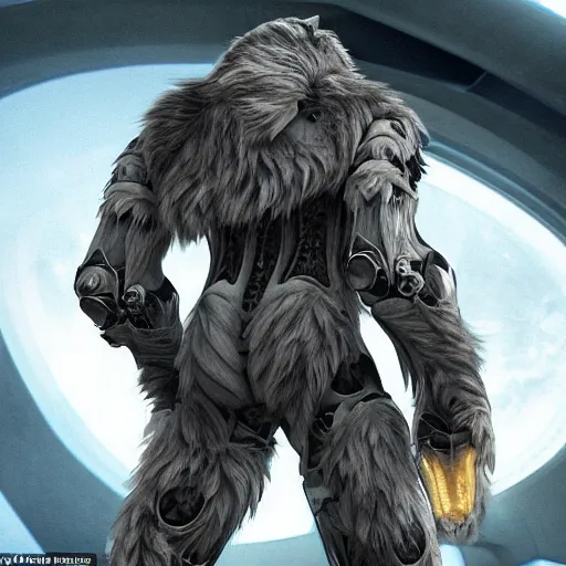 Image similar to a humanoid with cat-like features, yellow eyes, teeth that protrude past the lower lip (sort of like a saber-tooth tiger) and fine grayish fur on their faces and backs of their hands wearing futuristic alien armor and carrying weapons, octane,