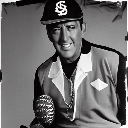 Image similar to portait of Dean martin wearing a baseball cap and a $ chain, 90's rap album cover