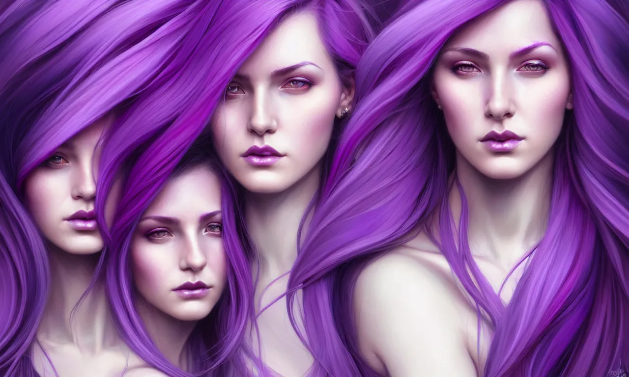 Image similar to Purple hair relistic Portrait of a three woman with bright colored flying hair, all shades of purple. Beauty face, Hair coloring, fantasy, intricate, elegant, highly detailed, digital painting, artstation, concept art, smooth, sharp focus, illustration, art by artgerm and greg rutkowski and alphonse mucha