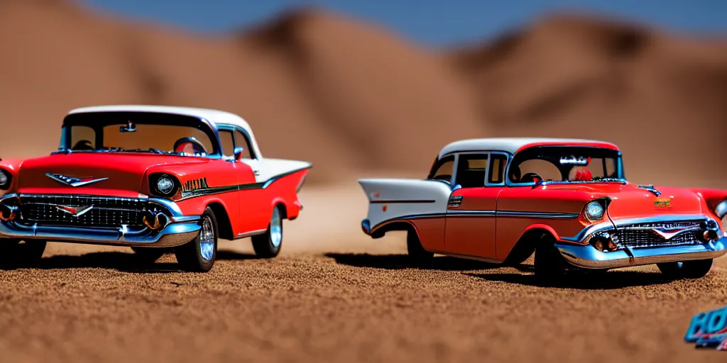 Image similar to Hot Wheels, 1957 Chevrolet Bel Air, trophy truck, cinematic, Maxxis, 8k, depth of field, mexican desert, bokeh, DAKAR.