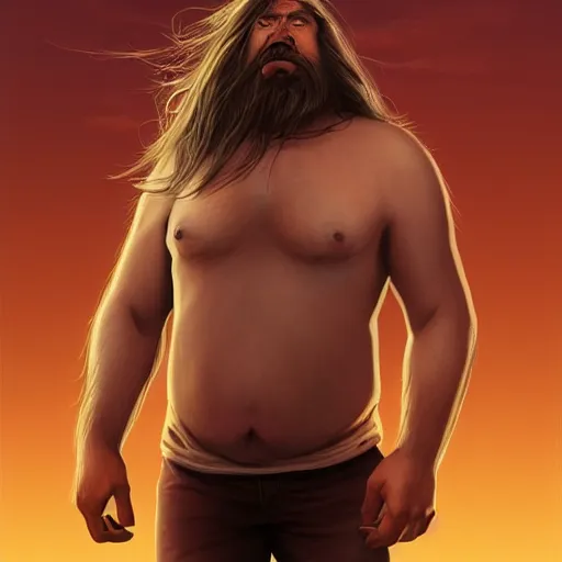 Image similar to portrait of a half fatman half pig with long hair tied in a ponytail, light stubble with red shirt ,digital art,photorealistoc,art by greg rutkowski,hyperdetailed,western comic style,comic,comic style,sharp lineart,professional lighting,deviantart,artstation,trevor henderson,rossdtaws,cinematic,dramatic