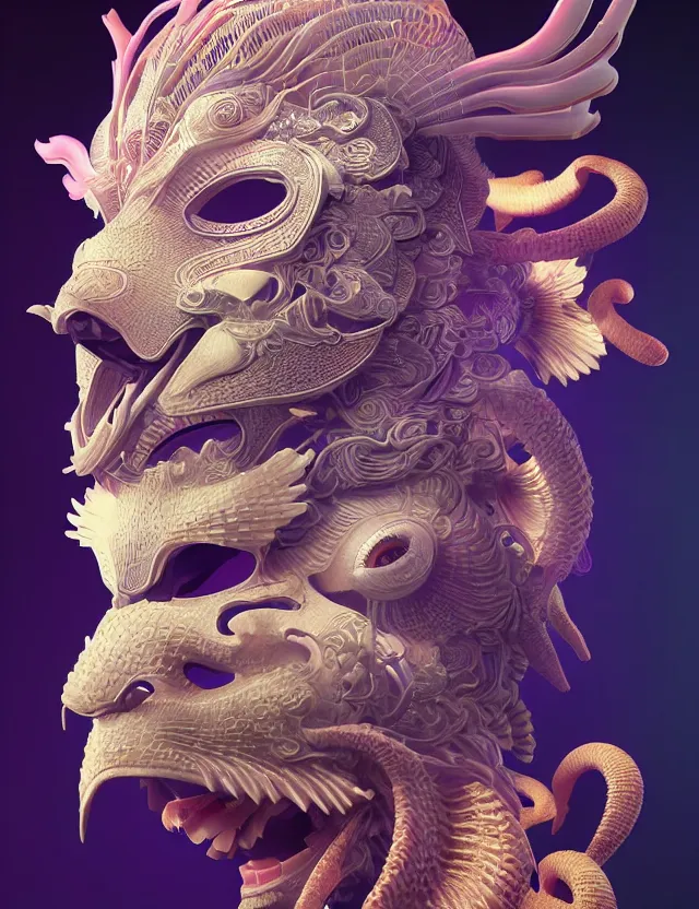 Image similar to 3 d goddess close - up frontal portrait with ram skull. beautiful intricately detailed japanese crow kitsune mask and clasical japanese kimono. betta fish, jellyfish phoenix, bio luminescent, plasma, ice, water, wind, creature, artwork by tooth wu and wlop and beeple and greg rutkowski