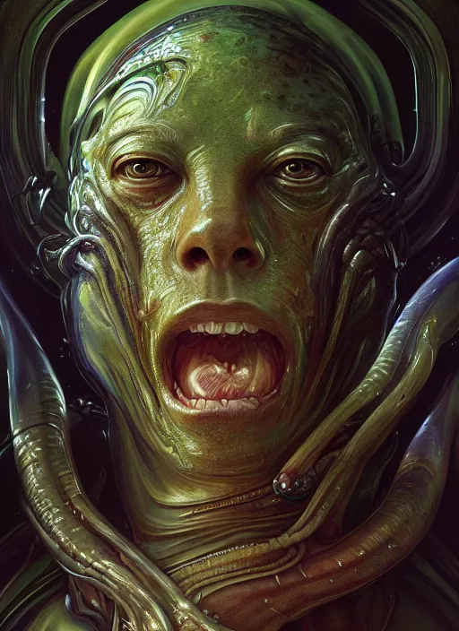 Image similar to elon musk as mollusk, slime, drool, portrait, intricate, elegant, highly detailed, digital painting, artstation, concept art, wallpaper, smooth, sharp focus, illustration, art by h. r. giger and artgerm and greg rutkowski and alphonse mucha