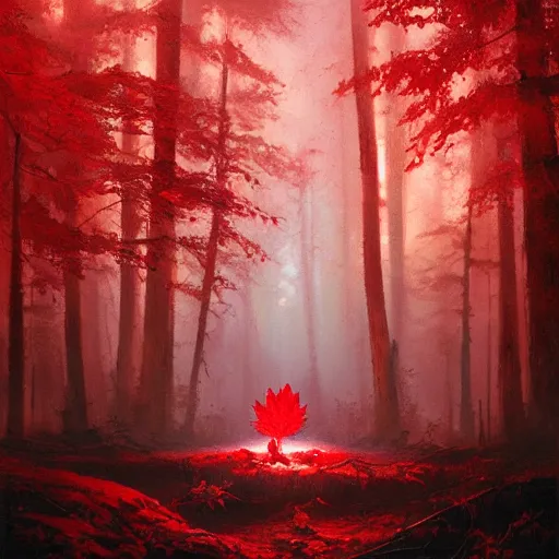 Image similar to A highly detailed oil painting of a blood red, crystal flower glowing bright red in the middle of a dark forest, by Greg Rutkowski.