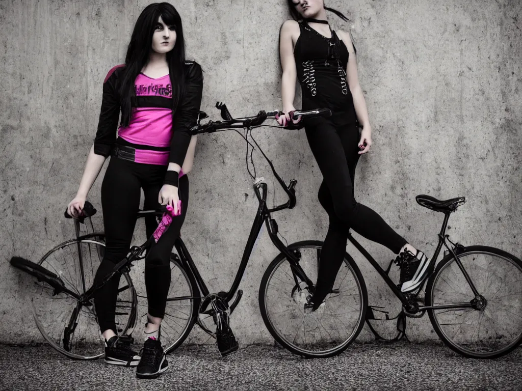 Image similar to full - length photo, young woman, leaning on a bike, gothic clothes, adidas shoes, 4 k, colourful