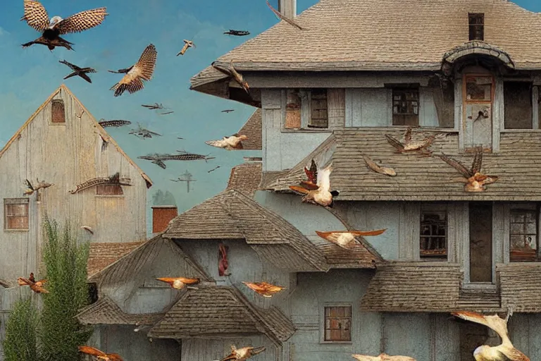 Prompt: a house with birds flying on too of it, insanely detailed, Michael Sowa, 3D rendering