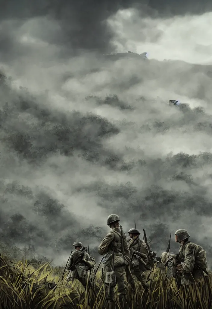 Prompt: handmade illustration of an epic and dramatic World War II war scene with only a few soldiers, the jungle at the background, some mist grey smoke and fire, blue sky with dramatic clouds, line art, ink, ol on canvas by Kilian Eng and by Jake Parker, heavy brushstrokes, winning-award masterpiece, fantastic, octane render, 8K HD Resolution, High quality image