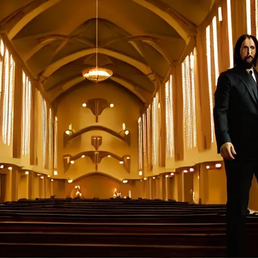 Image similar to cinematic still of John Wick speaking at a megachurch in John Wick (2009). Joel Osteen ministries. dynamic lighting. shallow depth of field, cinematic