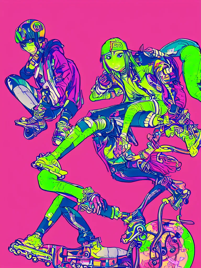 Prompt: illustration of a character riding rollerskating, street wear clothing, large rollerblades, vinyl material, neon fluo details, seen from below, dynamic posing, fashion photoshoot, 4 k, by jet set radio,