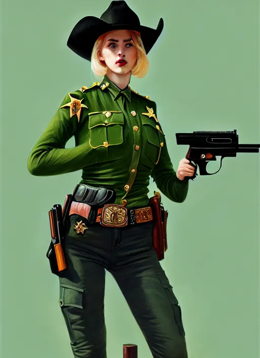 Image similar to female sheriff with a gun, beautiful girl, full body, green hair, cowboy hat, realistic, serov, surikov, vasnetsov, repin, kramskoi, insanely detailed, charlie bowater, tom bagshaw, high resolution, octane rendered, unreal engine, illustration, trending on artstation, masterpiece, 8 k