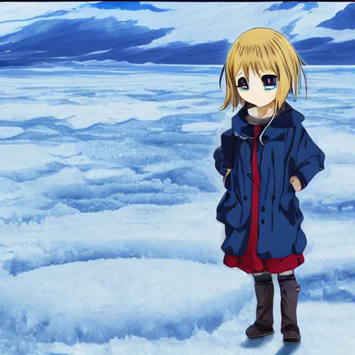 Image similar to anime girl standing in the artic