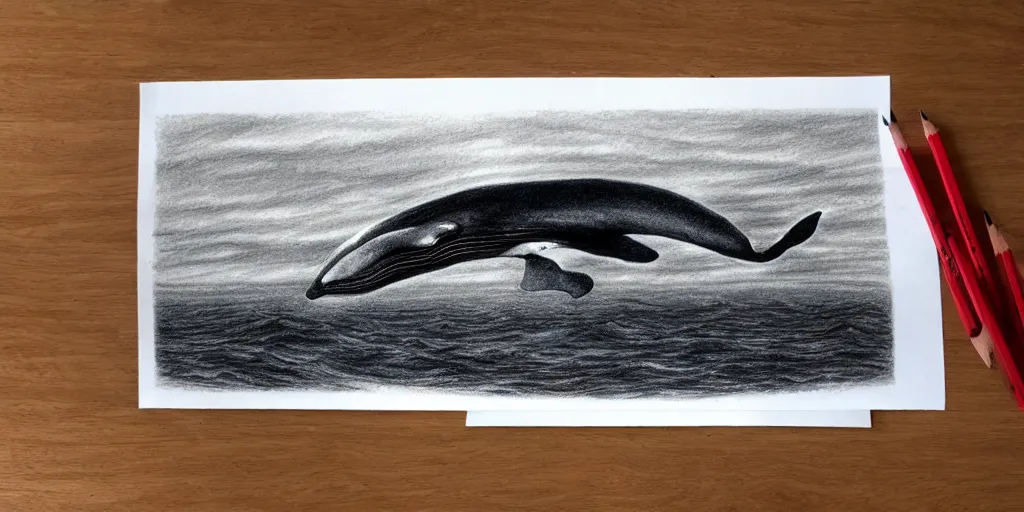 Image similar to a dark cloudy day, a whale swimming in the sky, pencil drawing, ultra realistic