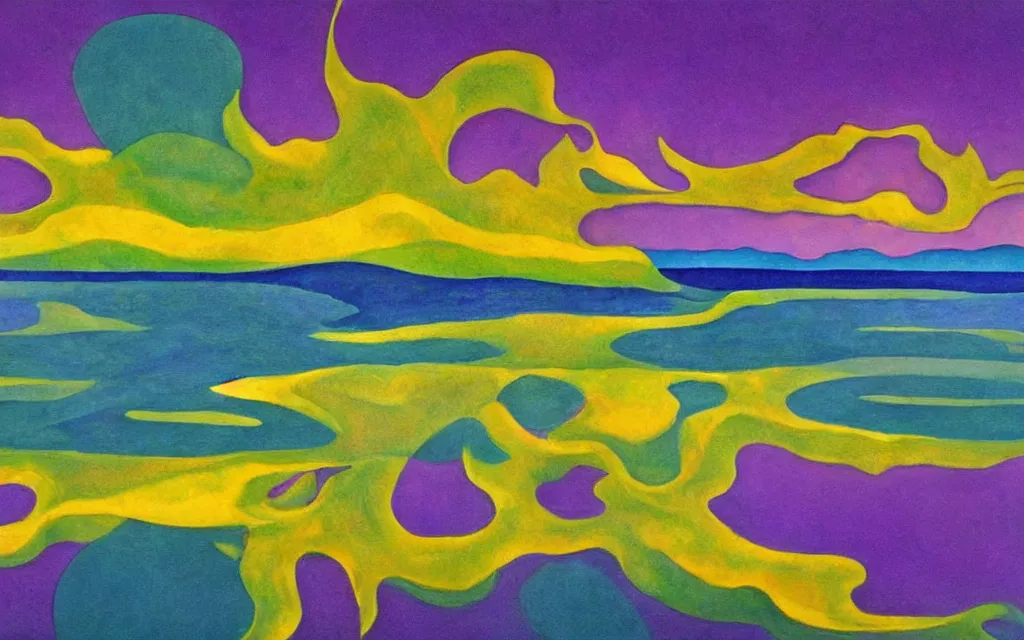 Image similar to the explosion of an atomic power plant and reflection in a lake in the style of georgia o keeffe. colorful, wavy. painting. medium long shot. perspective. color palette of blue, yellow, purple, green.