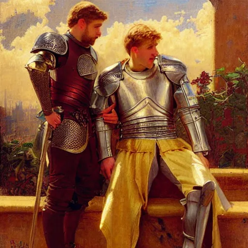 Image similar to attractive fully clothed arthur pendragon confesses his love for his attractive fully clothed male knight. highly detailed painting by gaston bussiere and j. c. leyendecker 8 k