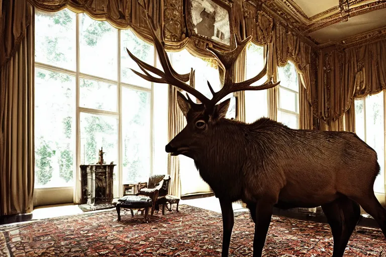 Image similar to cinematography closeup portrait of a beautiful elk in an decadent mansion foyer by Emmanuel Lubezki