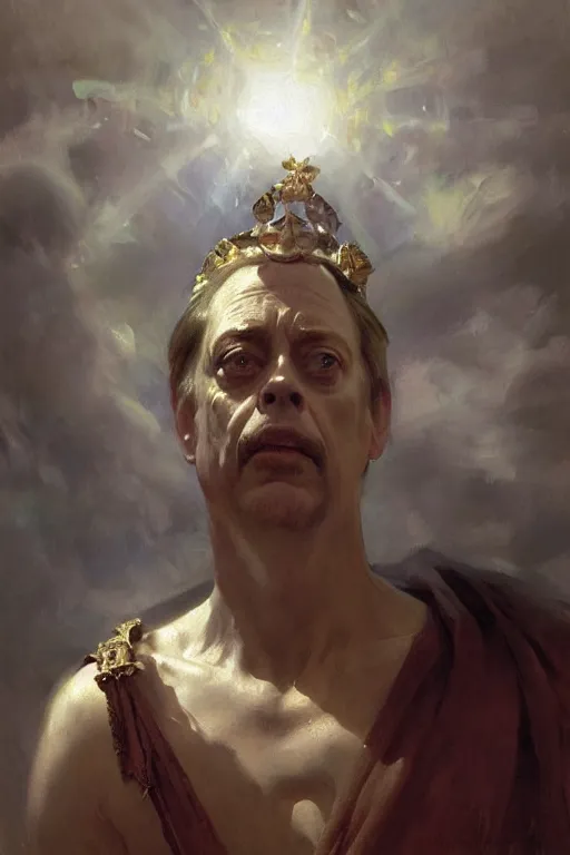 Image similar to beautiful impressionistic oil painting portrait of ancient roman god emperor steve buscemi ascending wearing the civic crown levitating in religious pose, art by anders zorn, wonderful masterpiece by greg rutkowski, expressive brush strokes, beautiful cinematic light, american romanticism by greg manchess, jessica rossier