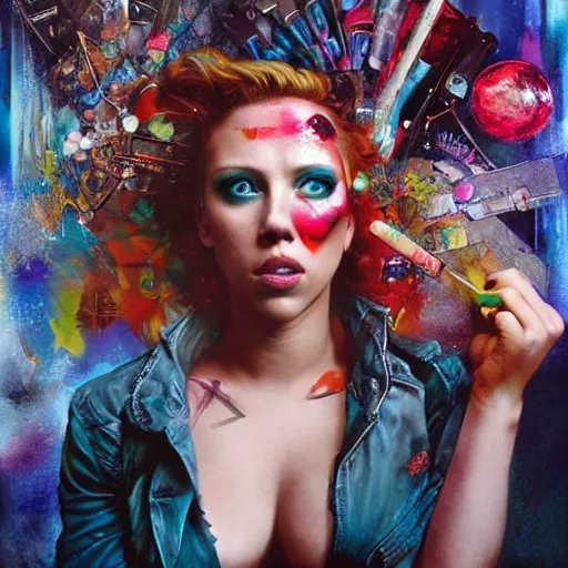 Prompt: drunken scarlett johansson as delirium from sandman, one green eye and one blue eye, hallucinating colorful soap bubbles, by jeremy mann, by sandra chevrier, by dave mckean and richard avedon and maciej kuciara, 1 9 8 0's, punk rock, tank girl, high detailed, 8 k