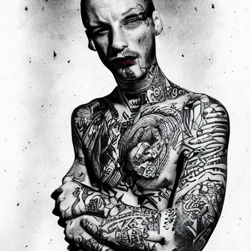 Image similar to harry Quinn with tattoos, noir, black and white, highly detailed