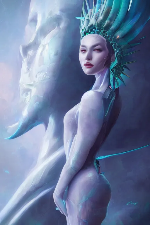 Image similar to digital portrait of an elegant alien queen, straight on, full body character concept art, concept art, by artgerm, tom bagshaw, gerald brom, vaporwave colors, lo fi colors, vaporwave, lo fi, 4 k, hd, rendered with substance designer, small details,