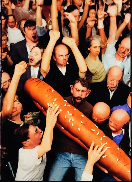 Prompt: crowd of tired citizens together carrying a giant hotdog over their heads, DSLR 35mm, by Edward Hopper