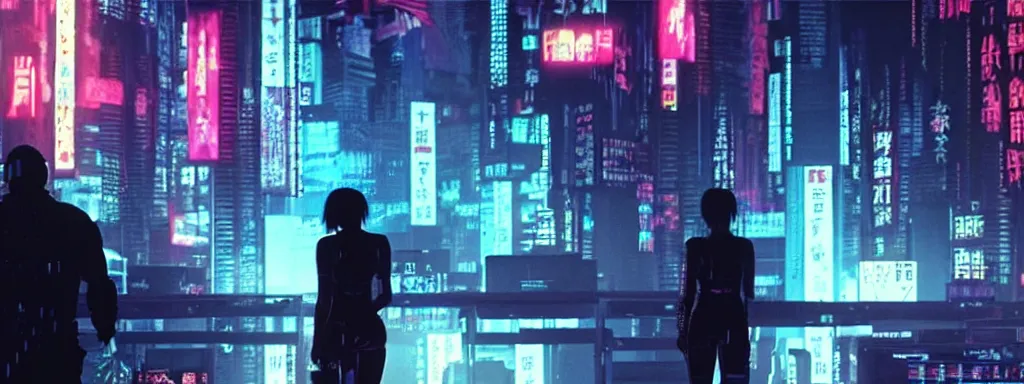 Image similar to Ultra realistic photo, 35mm lens, dark neon cyberpunk underground rave in the film ghost in the shell, displacement mapped, cinematic lighting, hyper realistic, extreme details, unrelease engine 5, cinematic, masterpiece