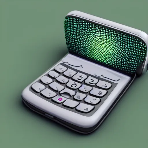 Image similar to an ultra high definition cycles 3D render of a floating chunky green transparent plastic mobile phone modelled after a walkie-talkie at an angle with an e-ink screen inspired by a g-shock watch. Emissive screen and indicator lights, bloom, volumetric shadows