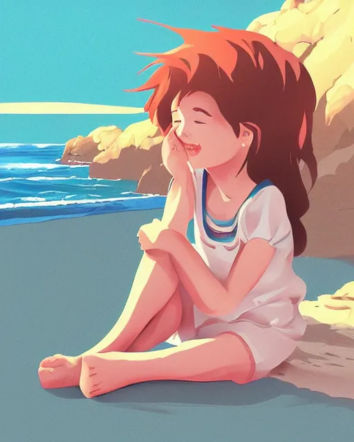 Prompt: a little girl sit beach. clean cel shaded vector art. illustration art by lois van baarle and helen huang and artgerm and makoto shinkai