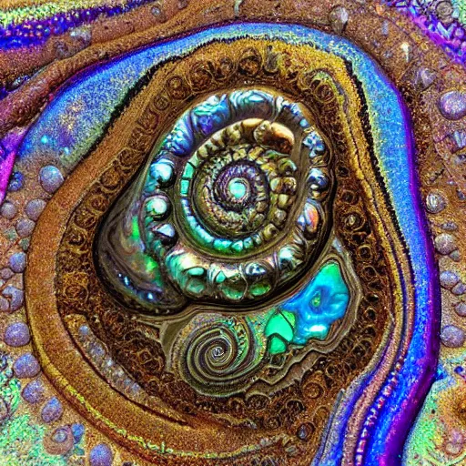 Prompt: Art Nouveau cresting oil slick waves, hyperdetailed bubbles in a shiny iridescent oil slick wave, ammolite, geode, detailed giant opalized ammonite shell, black opal, abalone, paua shell, ornate copper patina medieval ornament, rococo, organic rippling spirals, octane render, 8k 3D, druzy geode, cresting waves and seafoam