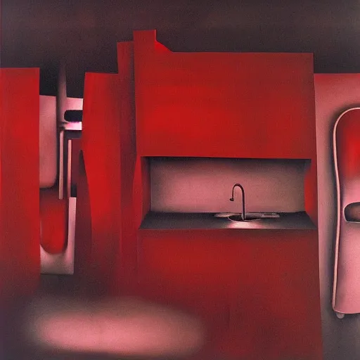 Prompt: red kitchen, by yves tanguy