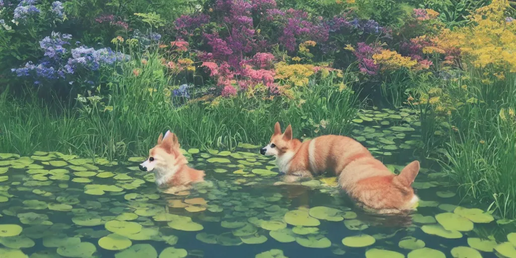 Prompt: A corgi in the pond, there is blue sky, there is water splash, there are kittens by the pond, the atmosphere is cheerful, the colors are bright, high picture quality, by Makoto Shinkai