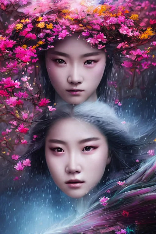 Image similar to beautiful cinematic fantasy portrait of wuxia heroine, in forbidden City Rainning, flowers sea everywhere, beautiful glowing galaxy eyes, hybrid from Dynasty Warriror and art direction by tian zi and WLOP and Darius Zawadzki cinematic quality character render; low angle; fantasy, intricate, very very beautiful, elegant, highly detailed, digital painting, production quality cinema model;