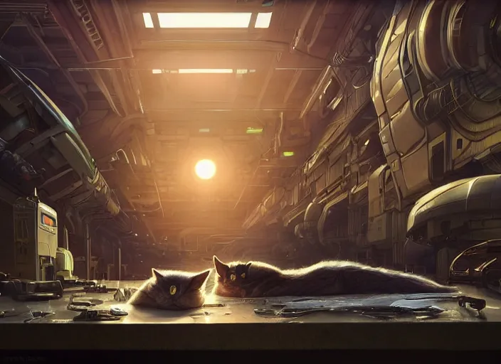 Prompt: alien space cat sleeping on a mechanics workbench in a spaceport with their android owner repairing a ship in the background in a space opera ghibli animated film, volumetric lighting, octane render by stanley artgerm lau, greg rutkowski, thomas kindkade, alphonse mucha, loish, norman rockwel, highly detailed