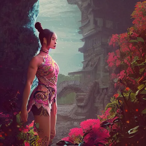 Image similar to feminine dwayne johnson in intricate clothing by ross tran, walking in a castle painted by sana takeda, rtx reflections, very high intricate details, digital anime art, medium shot, mid - shot, composition by ilya kuvshinov, lighting by greg rutkowski