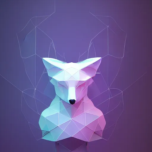 Image similar to vivid 3D animated designscapes with bursts of radiant particles–building an ethereal minimal space sculpture of a fox, professional concept art, trending on artstation, geometric