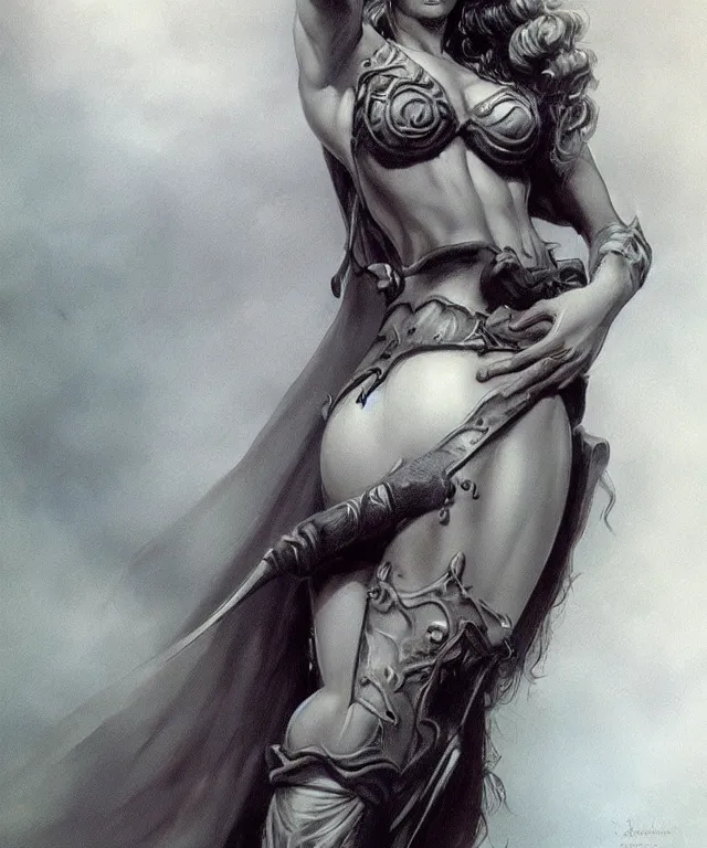 Image similar to close-up of a beautiful female wizard, beautiful clothes, style of Boris Vallejo and Frank Frazetta, very detailed, fantasy art, trending on artstation and deviantart
