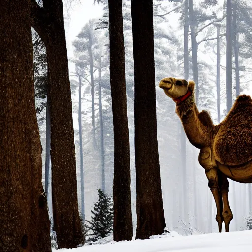 Prompt: a camel walking in a snowy forest, close photo, wildlife photography