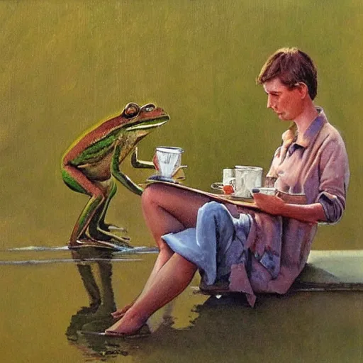 Image similar to 🐸 drinking ☕ by james gurney.