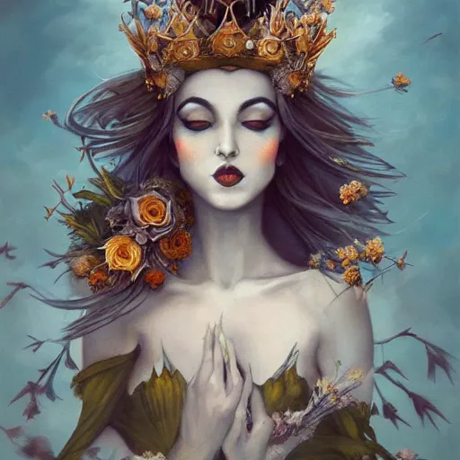 Image similar to fine art photo of the beauty goddess foxes, she has a crown of dried flowers, by peter mohrbacher