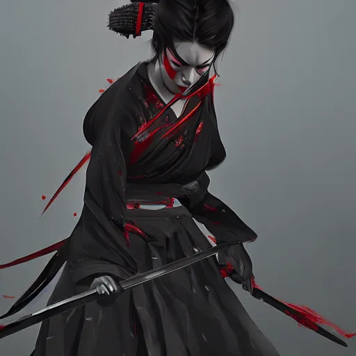 Prompt: samurai woman in black, bloodthirsty, katana, agony, digital illustration, artstation, painted by wlop