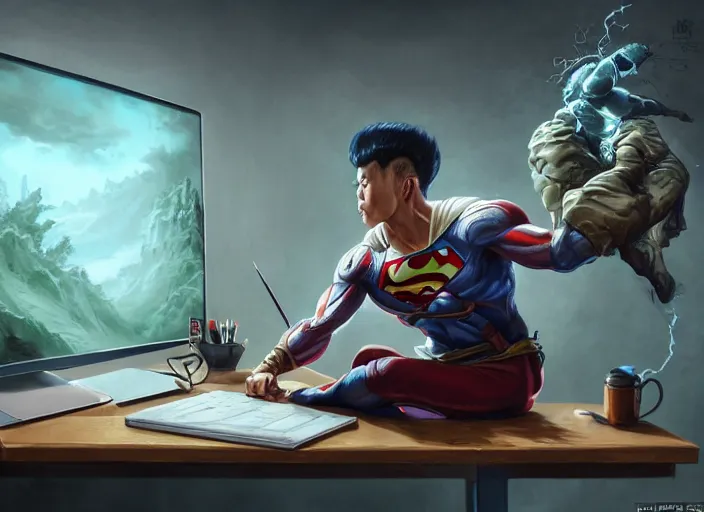 Image similar to an insanely detailed painting of an asian man wearing a homemade superhero costume, sitting at a desk, staring seriously at the computer and typing, in the style of peter mohrbacher, james jean, artgerm, dramatic lighting and composition, surreal background, octane render, pixar, trending on artstation, concept art, comic book, view from behind, 8 k