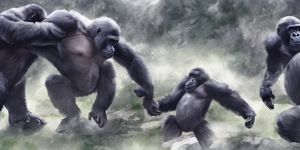 Image similar to two silverback gorillas fighting for dominance, by Makoto Shinkai, beautiful