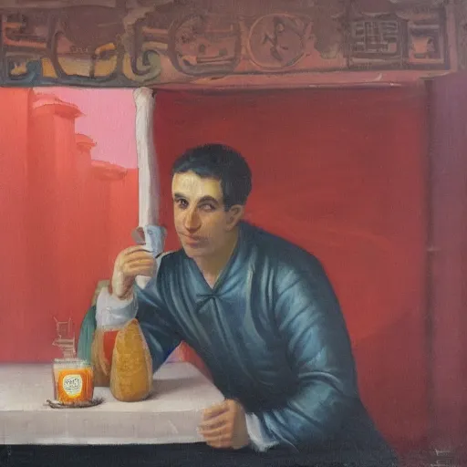 Prompt: Julios Caesar enjoying a cup of bubble tea in rome, oil painting