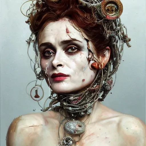 Image similar to expressive oil painting, of helena bonham carter mixed with sophia lauren, bumpy mottled skin full of blood and scars, ornate headpiece made from crystals, cables and wires, body horror, by yoshitaka amano, by greg rutkowski, by jeremyg lipkinng, by artgerm, digital art, octane render