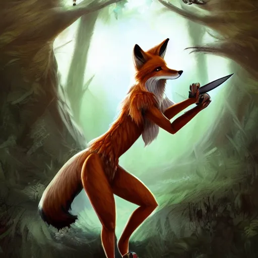 Prompt: award-winning extremely detailed FurAffinity fantasy art of a wild naturally beautiful shapely fur-covered anthro warrior female fox with black paws and dazzling eyes and a long tail and long braided hair, wielding a knife, in a forest, 4k, Hibbary, Dark Natasha, Goldenwolf, realistic shading, trending on FurAffinity