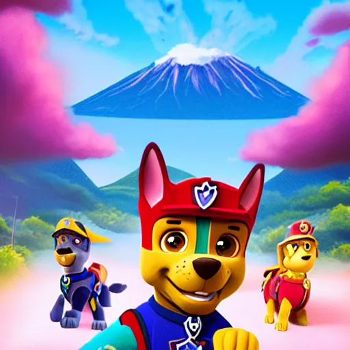 Prompt: chase from paw patrol is watching a giant volcano erruption on the island across the sea, movie poster, trending on artstation, intricate detail, very sharp, vibrant colors, depth of field