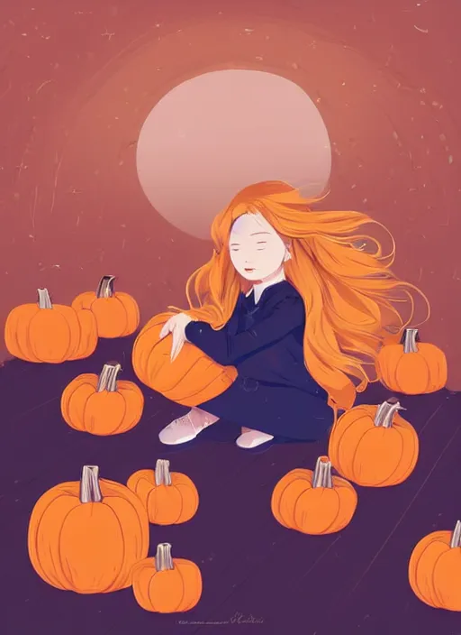 Image similar to little girl with long blonde hair sitting on a pile of pumpkins. clean cel shaded vector art. shutterstock. behance hd by lois van baarle, artgerm, helen huang, by makoto shinkai and ilya kuvshinov, rossdraws, illustration, art by ilya kuvshinov